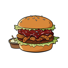 Pulled pork sandwich with coleslaw and bbq sauce illustration