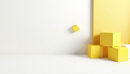 Yellow cubes in modern interior, creating minimalist scene with stacked blocks. Modern interior display emphasizes geometric shapes, color balance, and clean aesthetic.