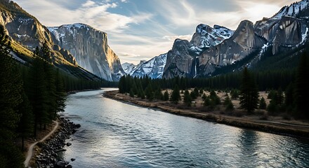 Obraz premium Majestic river flowing through mountain valley.