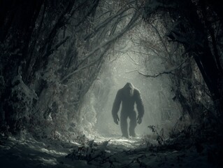 Fototapeta premium A towering, shadowy figure looms in a misty forest, its presence eerie and menacing. The scene evokes fear, mystery, and supernatural dread.