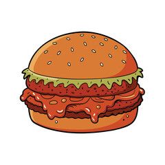Messy sloppy joe burger with juicy meat and bun illustration