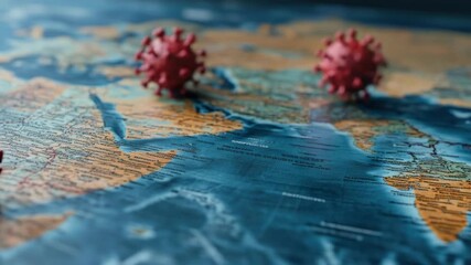 Red virus models on world map highlight global pandemic spread. HMPV, Human metapneumovirus - Powered by Adobe