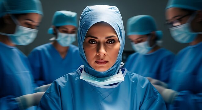 A determined female surgeon in a hijab and scrubs stands in the center, surrounded by her surgical team in a dimly lit operating room.
