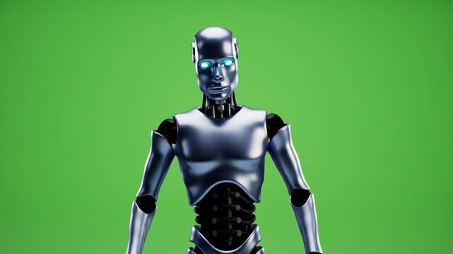 A futuristic robot giving a presentation against a green screen background with metallic tones and a sleek design.