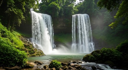 Naklejka premium Majestic Twin Waterfalls in Lush Tropical Rainforest.