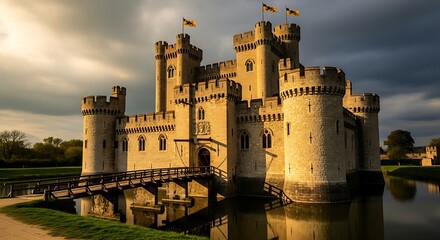 Medieval Castle with Drawbridge and Moat.