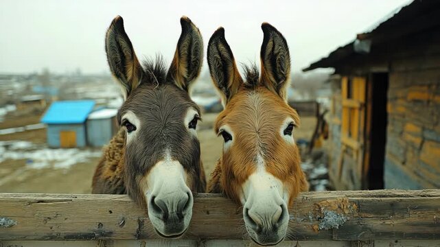 Two donkeys peeking over fence in rural winter scene