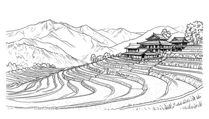 Fototapeta premium A detailed black and white line drawing of terraced rice paddies with mountains and traditional Asian buildings.