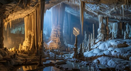 Majestic Underground Cave with Stalactites and Stalagmites.