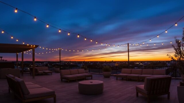 Stunning rooftop sunset party scene with elegant lounge seating and string lights creating vibrant ambiance