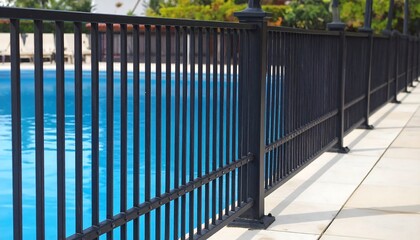A dark, metal fence encloses a sparkling blue pool, offering a tranquil and secure boundary.