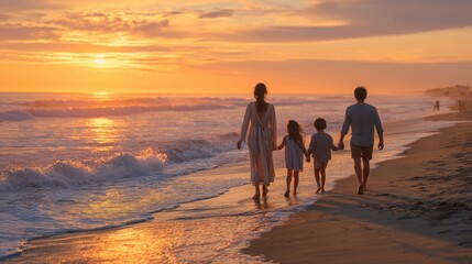 Family walking along serene beach shoreline during colorful sunset