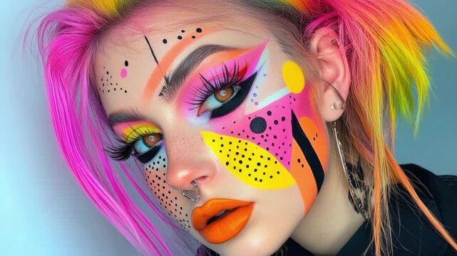 Creative abstract face paint on young caucasian woman with colorful hair and bold makeup