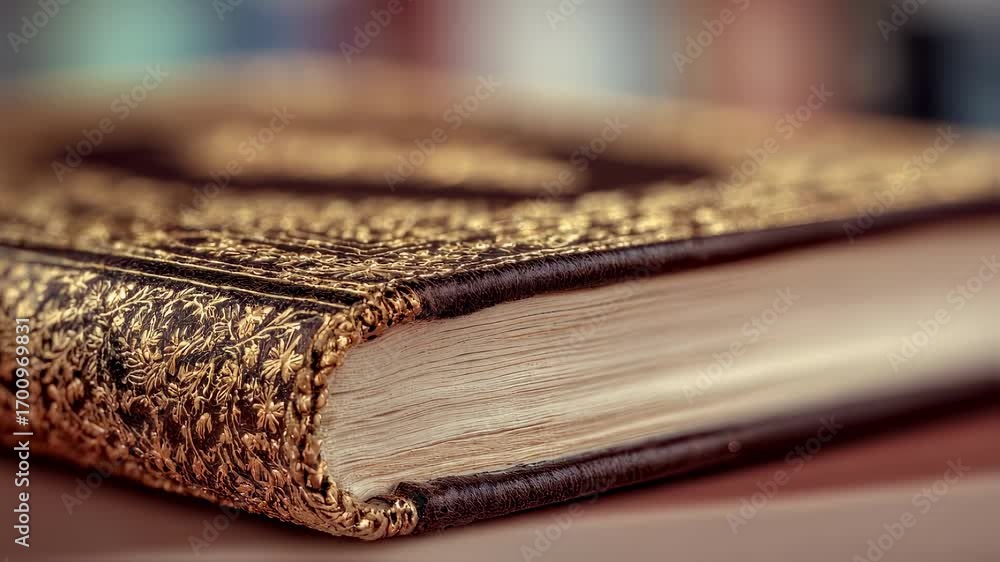 Poster focused shot of intricate gold leaf edging on a luxury notebook with the surrounding pages softly fa