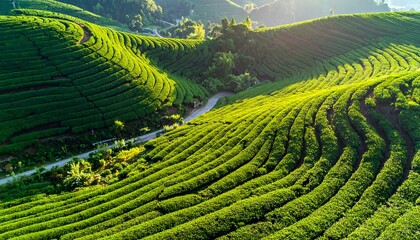 Lush green tea fields cascade down hillside slopes, creating a vibrant and serene landscape.