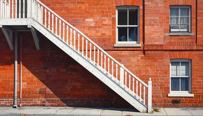 A white painted fire escape leads up a sun-drenched brick building facade, showcasing architectural details and vibrant hues.