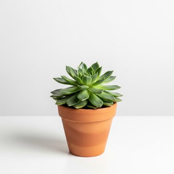 Fototapeta Isolated Echeveria succulent plant in a clay pot on a neutral background presents a simple, fresh and organic aesthetic, ideal for minimalist or natural themed designs