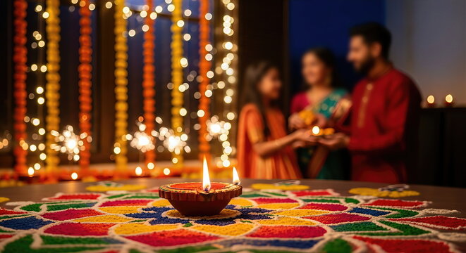 Diwali celebration with family joy, diya lamps, sparklers, and colorful rangoli design, festival of lights, warm festive evening mood, joyous togetherness, illuminated home atmosphere,