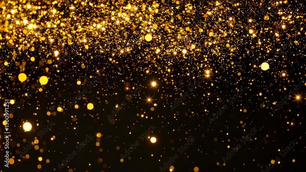 Poster golden particles floating against a dark background, creating a magical and festive atmosphere with 