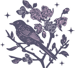 bird on a branch of tree in silhouette of pastel purple and pink