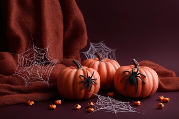 Three small orange pumpkins decorated with black spiders and spiderwebs, arranged on a dark maroon background, with a deep burgundy fabric draped in the backdrop, creating a spooky Halloween scene.
