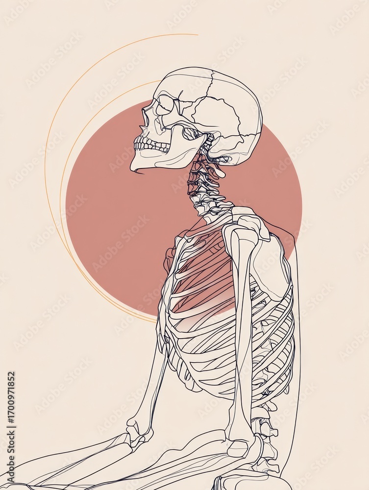 Poster skeleton sitting in profile view against a soft background with a circular shape, showcasing human a