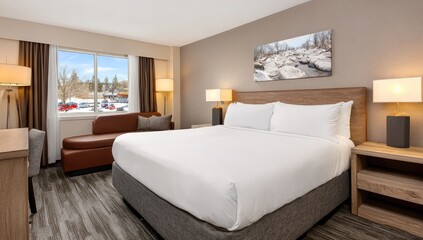 A comfortable hotel room with a view of a snowy landscape, showcasing a king-size bed, a chaise lounge, and a tranquil atmosphere.