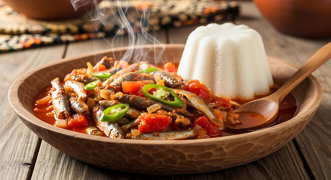 Steaming fish stew with molded rice and green chilies in a rustic wooden bowl.