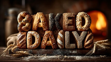 Artisan bread letters spell 'Baked Daily' near warm oven glow