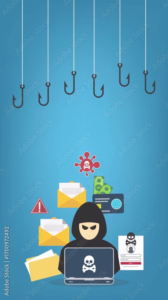 Poster hacker with laptop computer stealing confidential data, personal information and credit card detail.