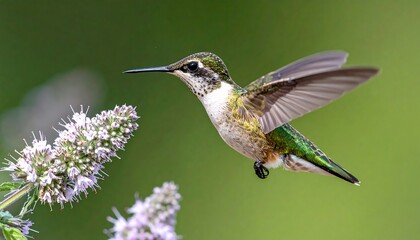 A hummingbird in flight, hovering near a cluster of vibrant purple-pink flowers, showcasing its intricate plumage and delicate beauty against a soft green background.