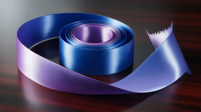 Indigo to lavender ribbon coiled into spiral on wood – Ideal for elegance themes, textile branding, or design content