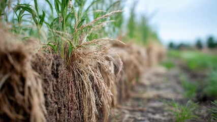 Blurred background with sharp focus on natural weed barriers made from plant fibers demonstrating effective nonchemical weed management.