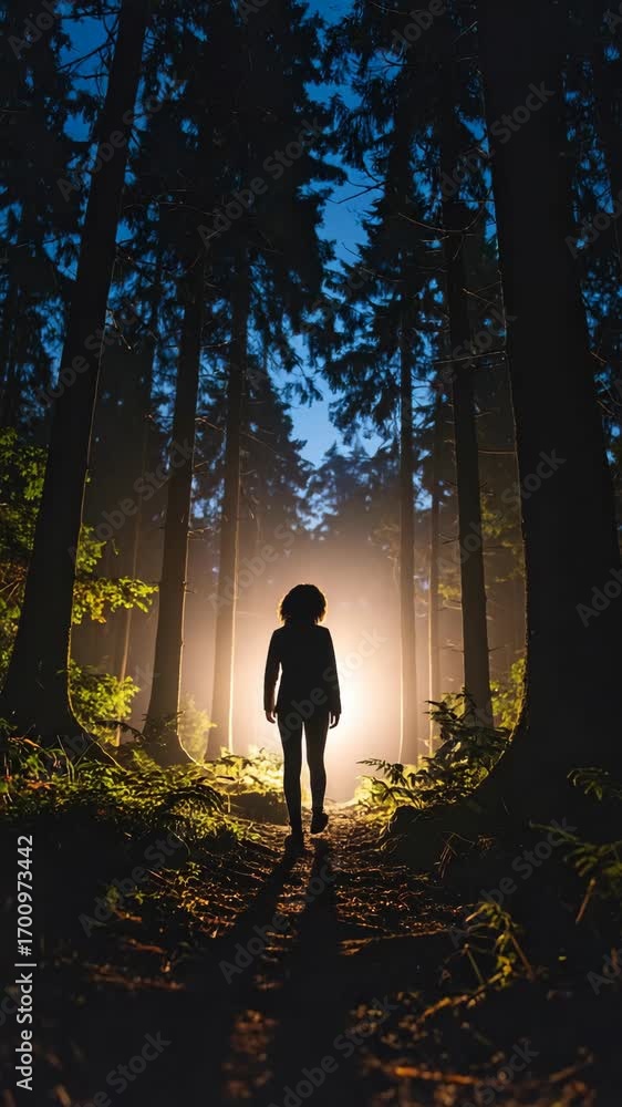Poster silhouette of a woman walking through a dense forest at dusk with a mystical light shining in front,