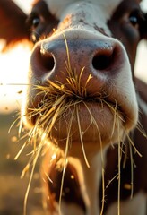 Close-up of cow eating hay with sunlit background