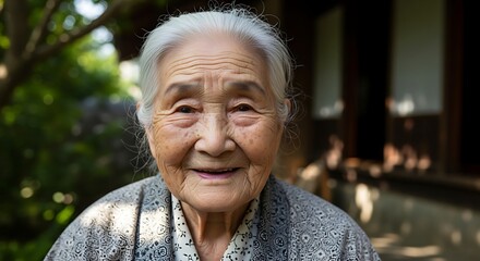 Portrait of a serene senior woman with soft smile, wrinkles, and silvery hair capturing the beauty