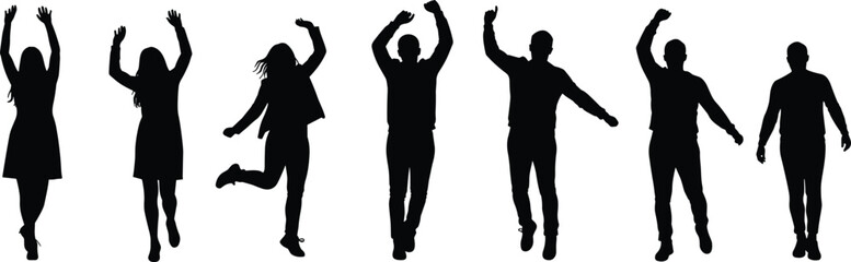 People jumping, celebrating, happiness, joy, excitement, silhouette, dance, success, group, energetic, fun, movement, cheer, freedom, party, 