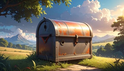A weathered treasure chest sits amidst a picturesque landscape under a vibrant sky, showcasing a serene and inviting atmosphere.