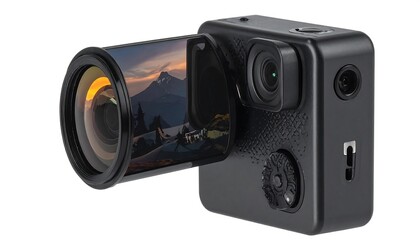 Compact camera with a detachable lens showcasing a picturesque landscape image.