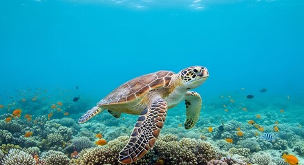 Sea Turtle Swimming in Tropical Waters with Coral Reef.