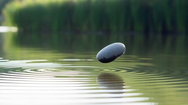 Pebble skipping on tranquil lake with expanding ripples – Perfect for outdoor lifestyle brands, travel content, or environmental education.