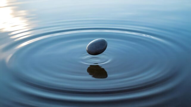 Pebble in motion creating ripples across clear lake water – Ideal for relaxation themes, adventure promotions, or nature photography content.