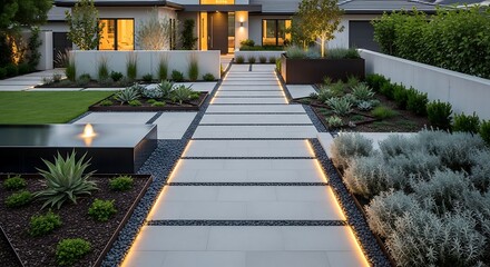 Modern landscaping design with geometric shapes and a sleek pathway leading to home entrance
