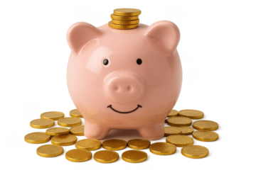 Pink piggy bank standing on gold coins with transparent background