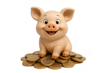 Happy piggy bank sitting on euro coins with transparent background