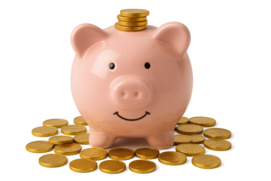 Pink piggy bank standing on gold coins with transparent background