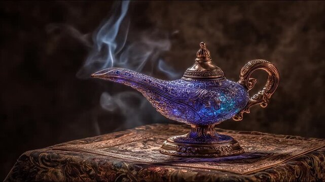 A captivating still life of a vintage-style, ornate, blue genie lamp, emitting wisps of smoke, sitting on a patterned table.