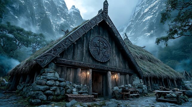 Ancient Viking longhouse nestled in misty, snow-capped mountains