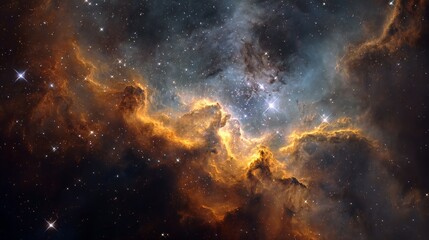 Fototapeta premium Stunning cosmic nebula with vibrant golden gas clouds and countless sparkling stars, breathtaking deep space vista