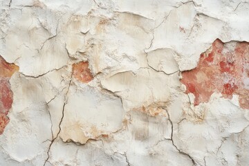 Naklejka premium Aged plaster wall with deep cracks and faded reddish hues reveals a textured surface.